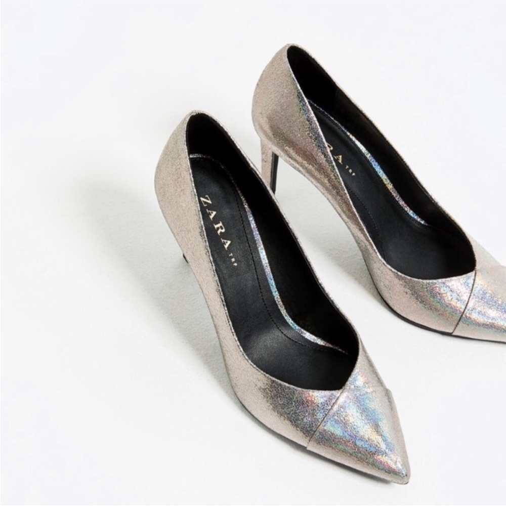 Zara Metallic Silver Stiletto Pointed Heels 6.5